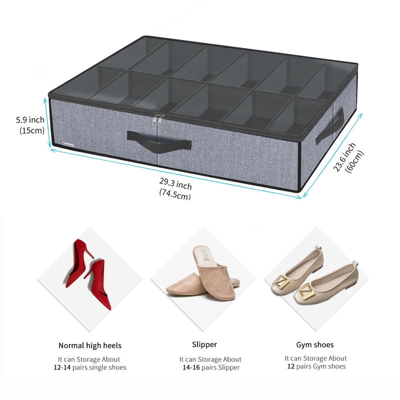 Onlyeasy Large Under Bed Shoe Organizer (6 to 12 Pairs x 2) - Underbed Shoes Closet Storage Solution with Metal Zipper and 2 Handles, Breathable, 29.3"x23.6"x5.9", Linen-like Grey, MXDUBSB2P - Image 2